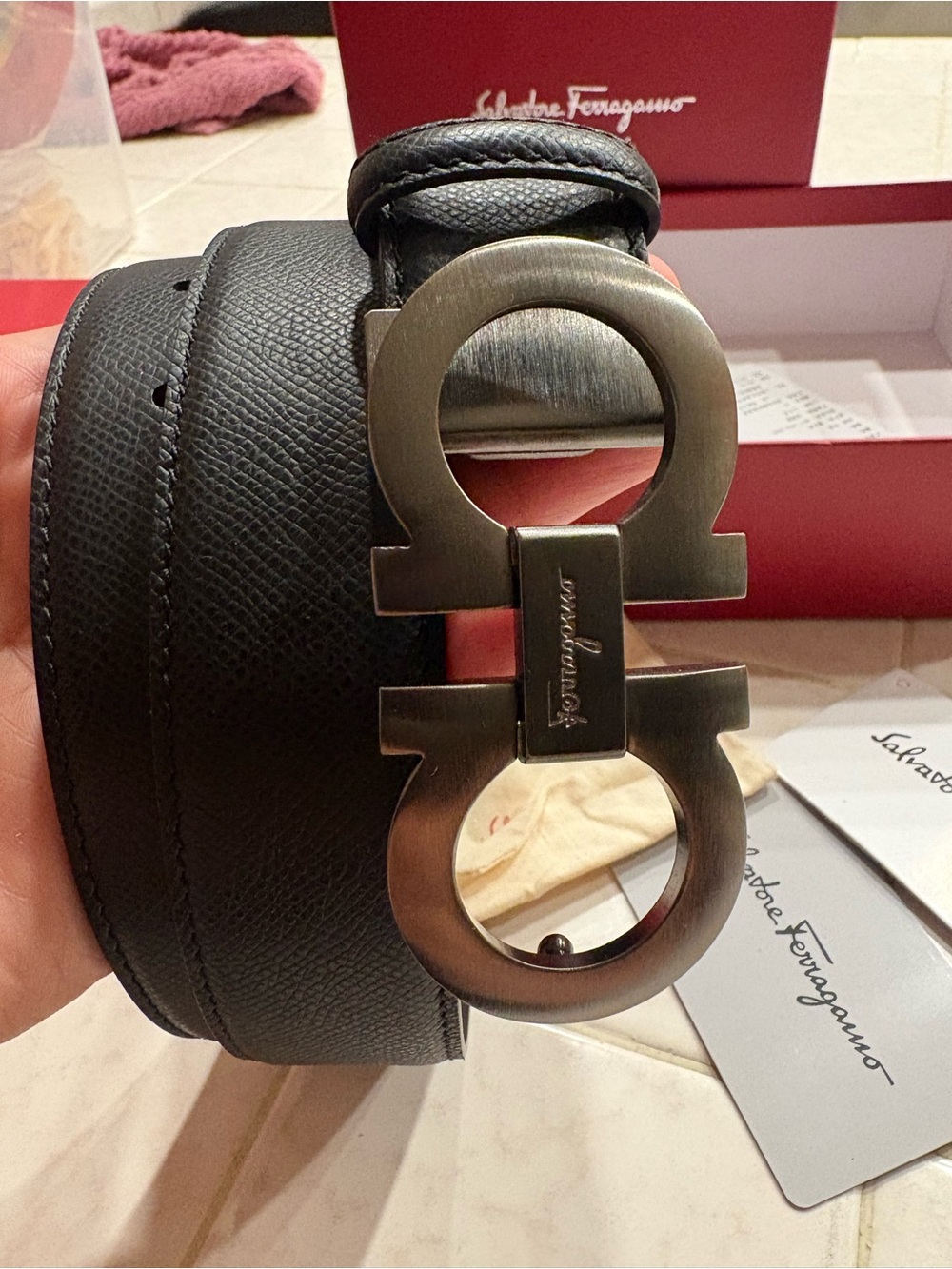 Salvatore Ferragamo Black Leather Mens Belt with Gancini Buckle Sz 36
